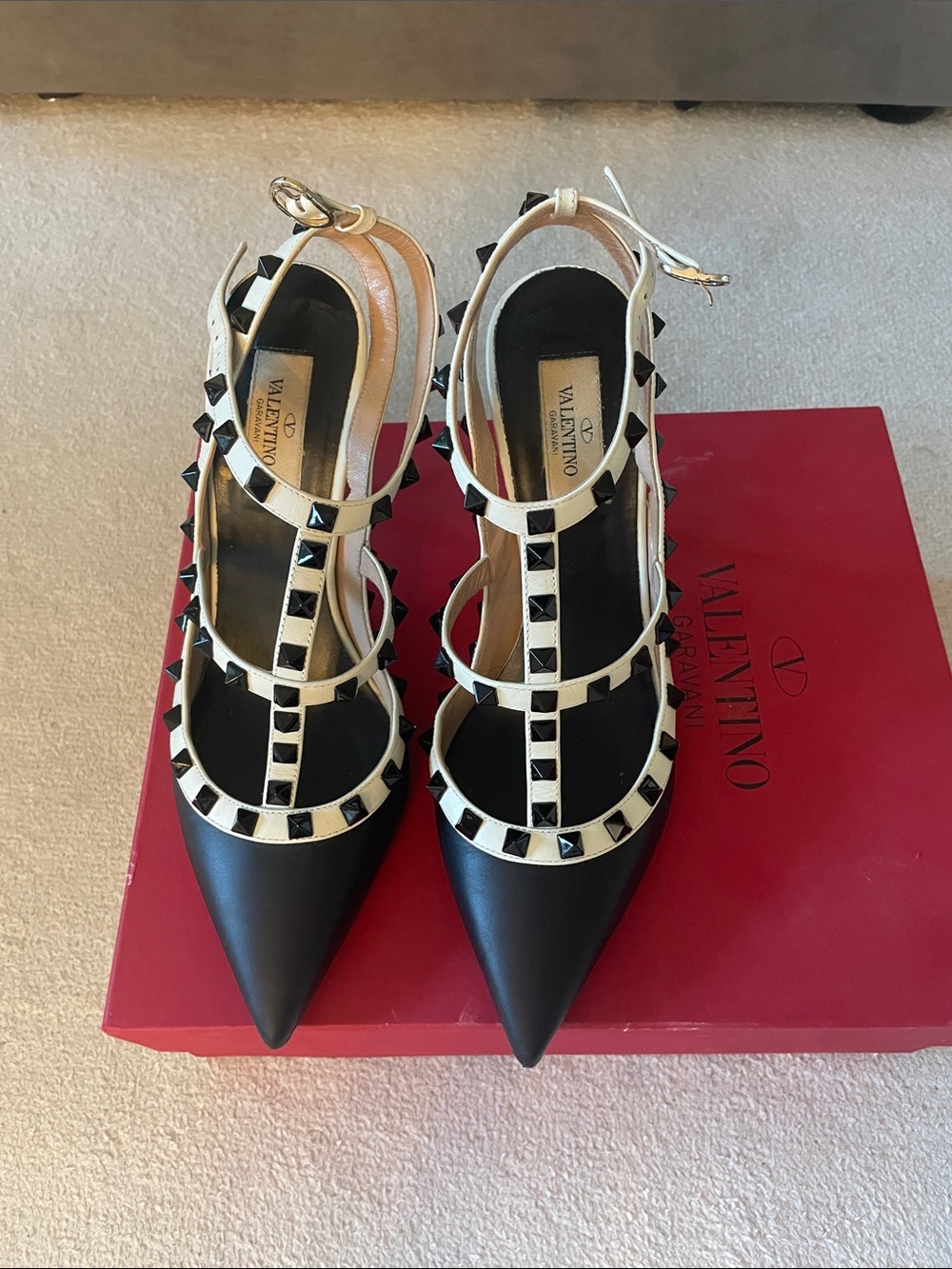 Valentino Black Pointed-Toe Rockstud T-Strap Pumps with Cream Trim